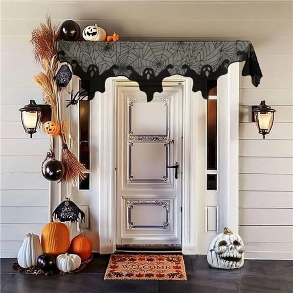 Halloween Decorations Indoor Fireplace Mantel Scarf, Black Lace Ghost Spiderweb - Picture 4 of 7